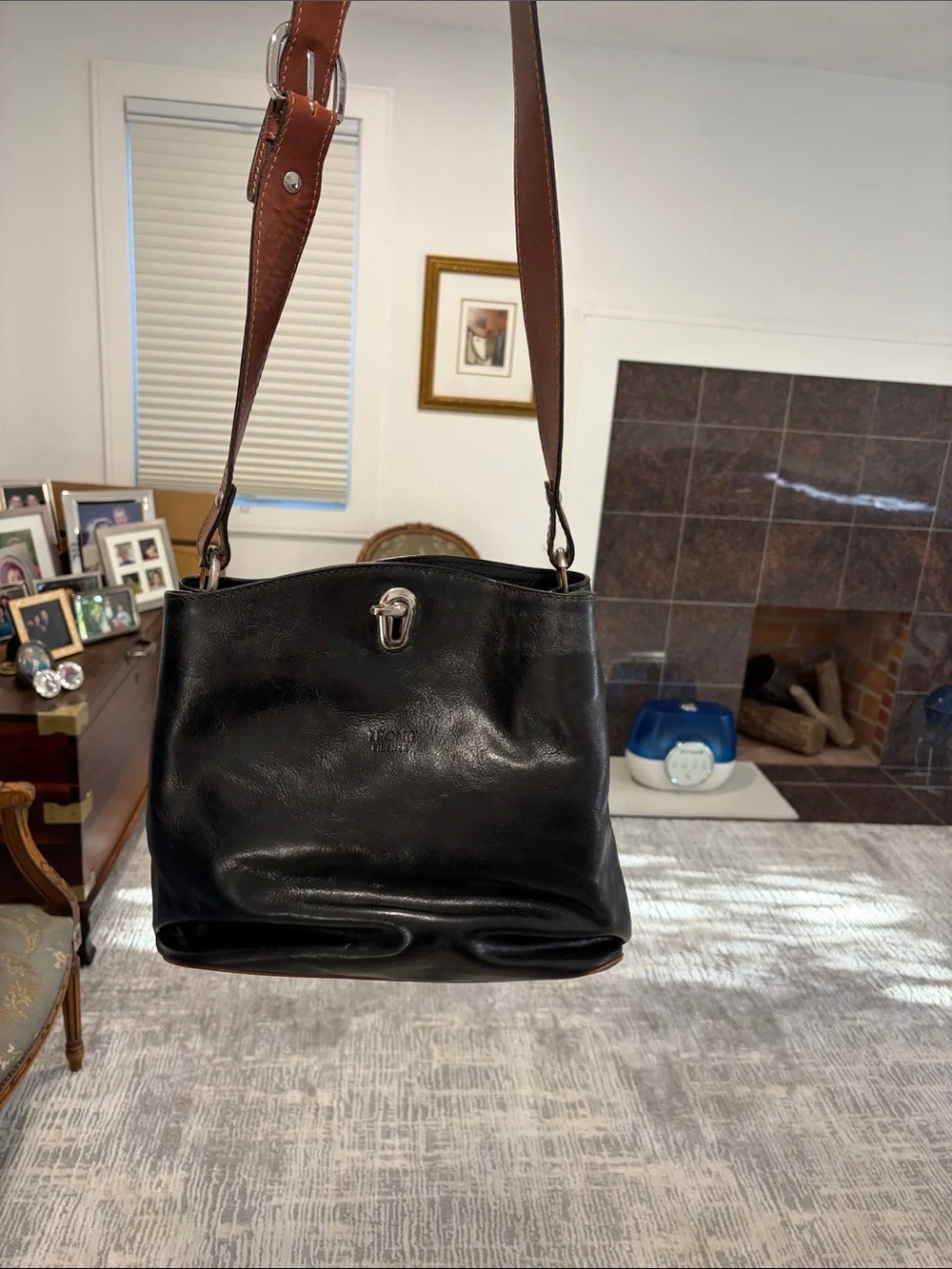 Italian Black Leather Shoulder Bag with Brown Strap